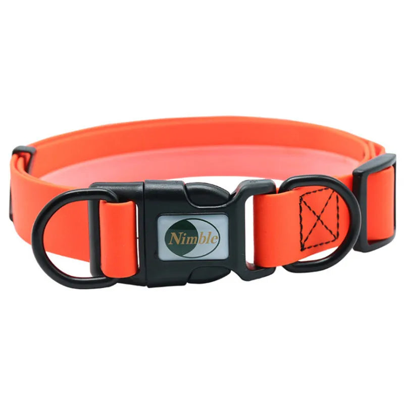 PVC waterproof dirt-resistant adjustable dog collar in blue with buckle, on white background