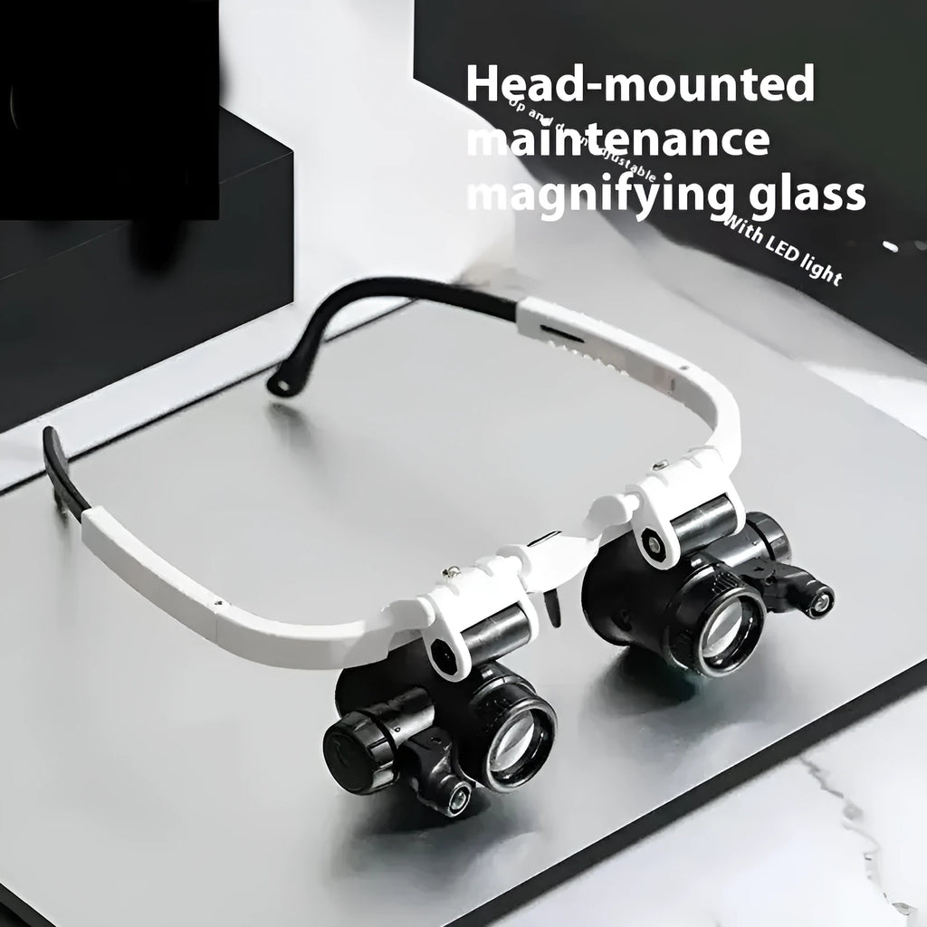 White head-mounted magnifying glass with LED light, shown folded and unfolded on a workbench.