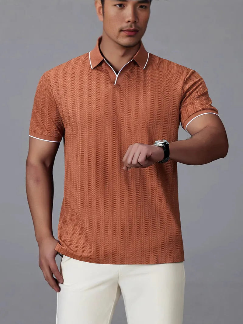 Men's short-sleeved loose fit polo shirt in ice silk nylon, shown in black, orange, and white.