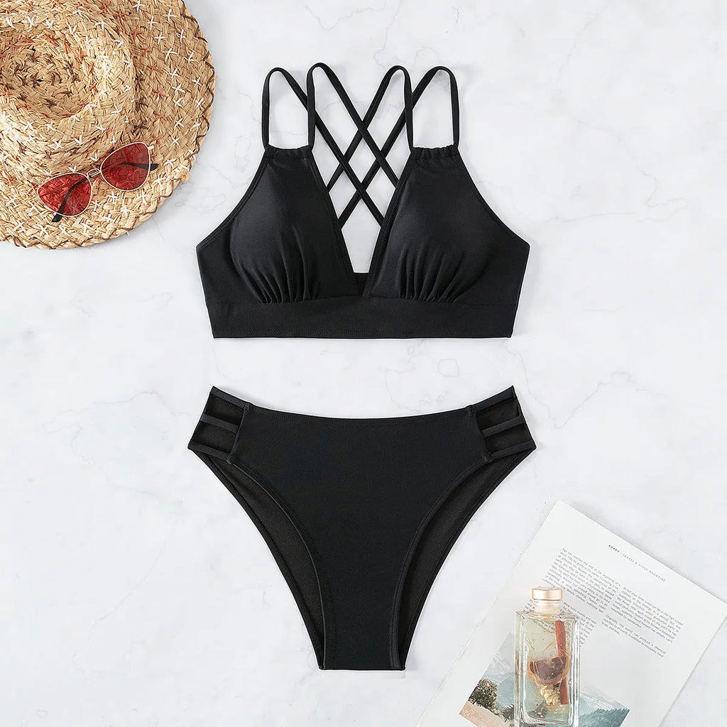 Women's halter bikini swimsuit with V-neck design and split shorts in six colour options