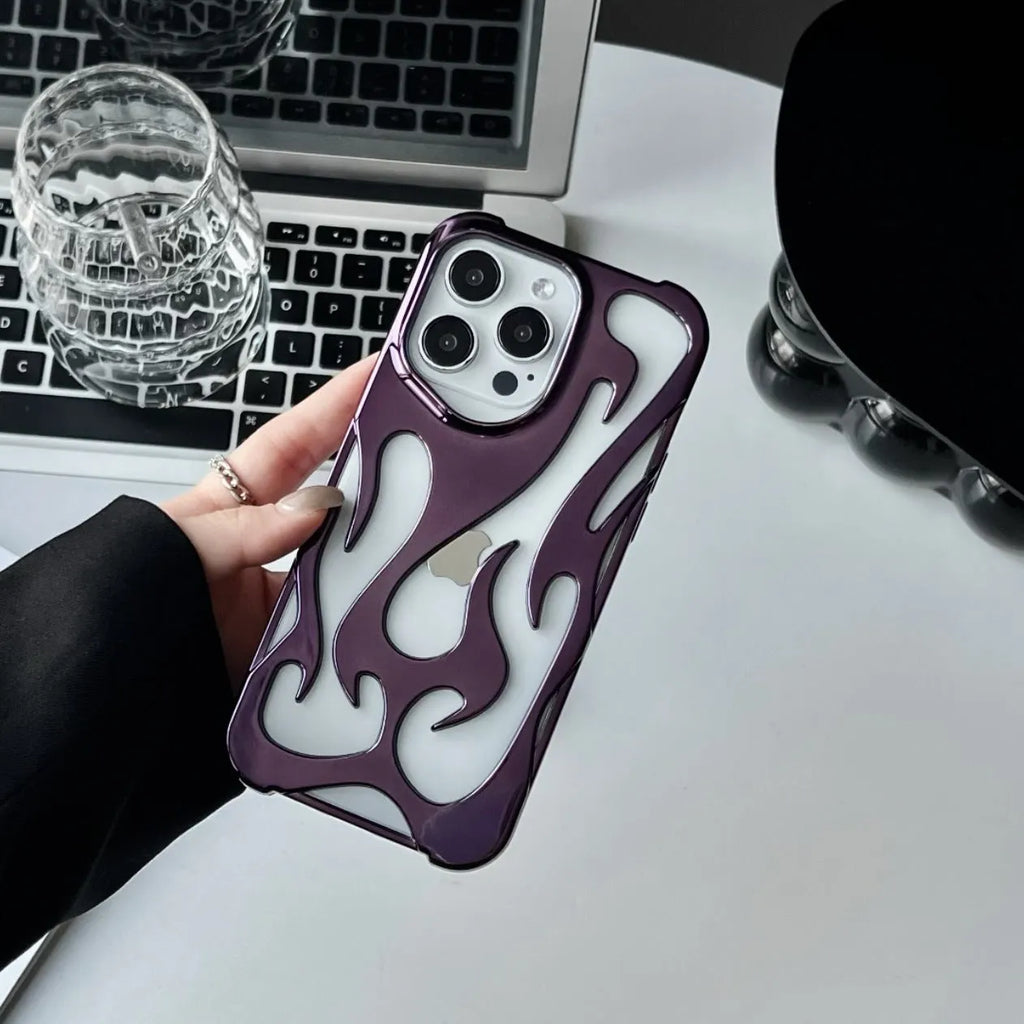 Electroplated hollow flame pattern soft TPU phone case for Apple iPhone, shown in silver on a dark background.