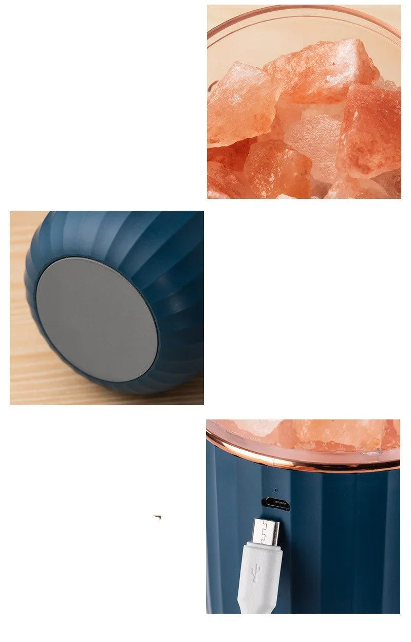 Household aromatherapy purification lamp with salt stone, plastic lampshade, colourful LED, blue colour, for vehicle or desktop