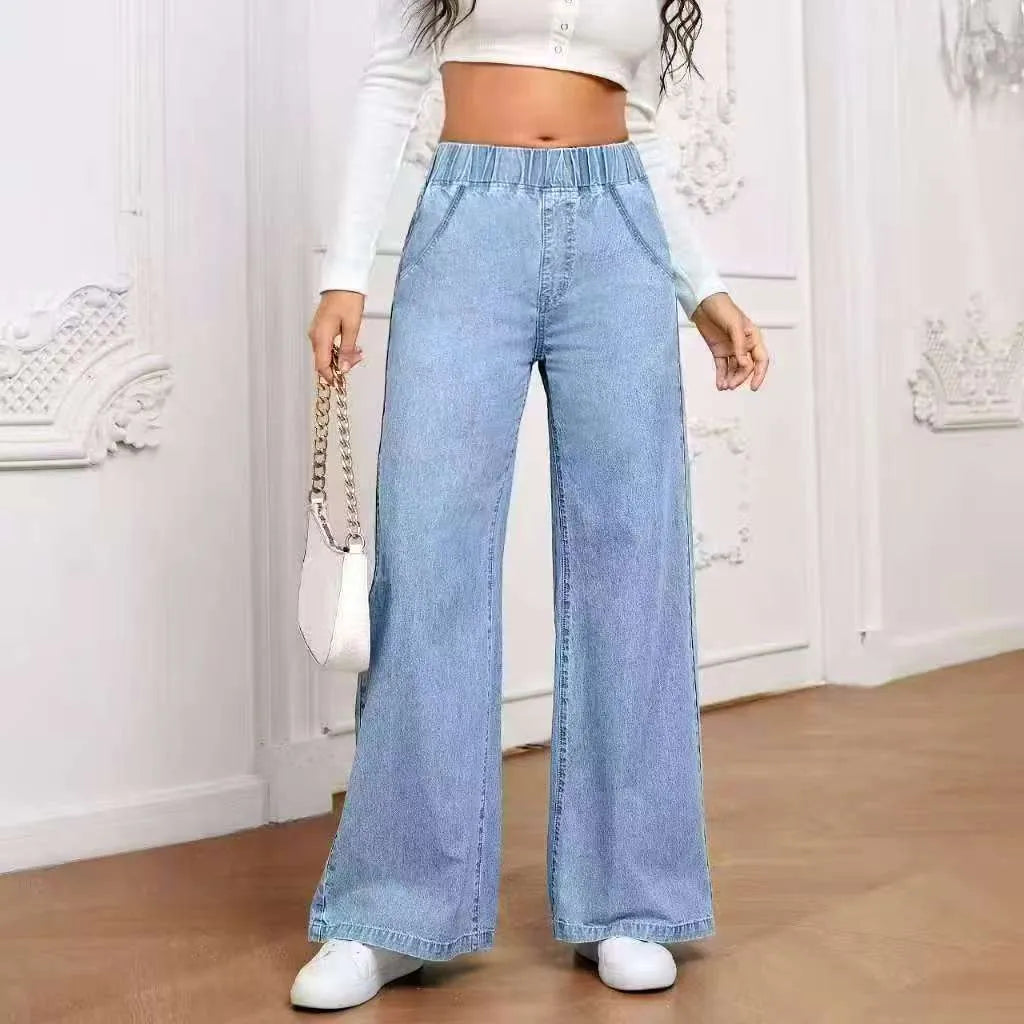 Light blue washed wide-leg denim trousers on a hanger, showing straight cut and mid-rise waist.