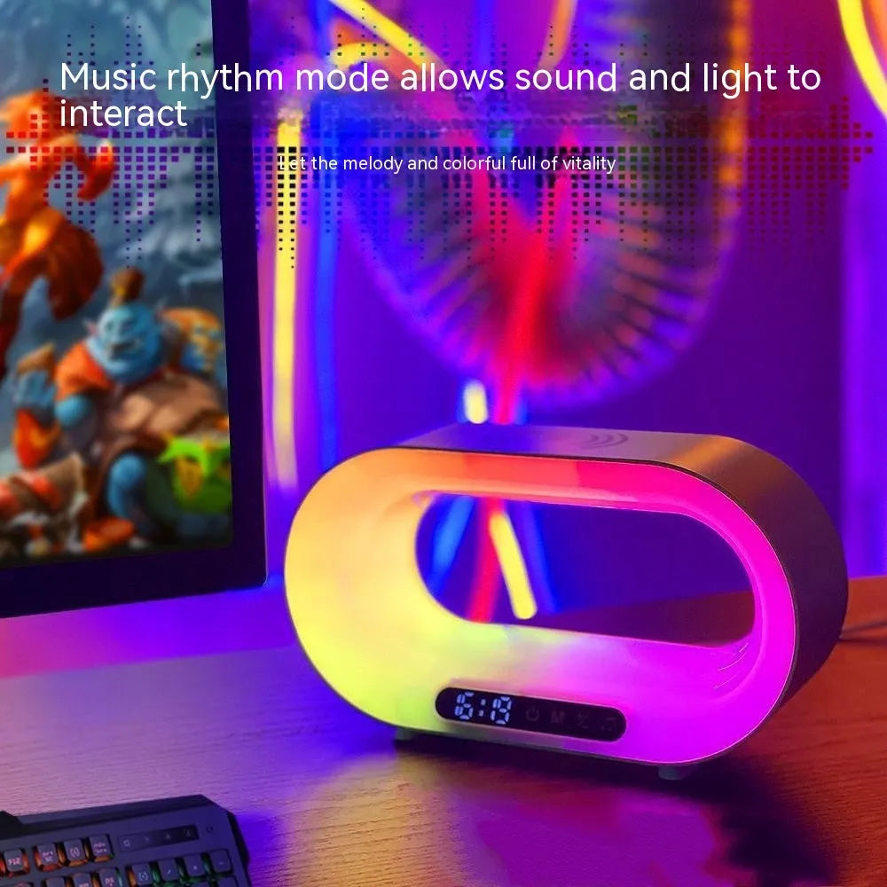 White smart desk lamp with wireless charging pad, LED lighting and alarm clock display