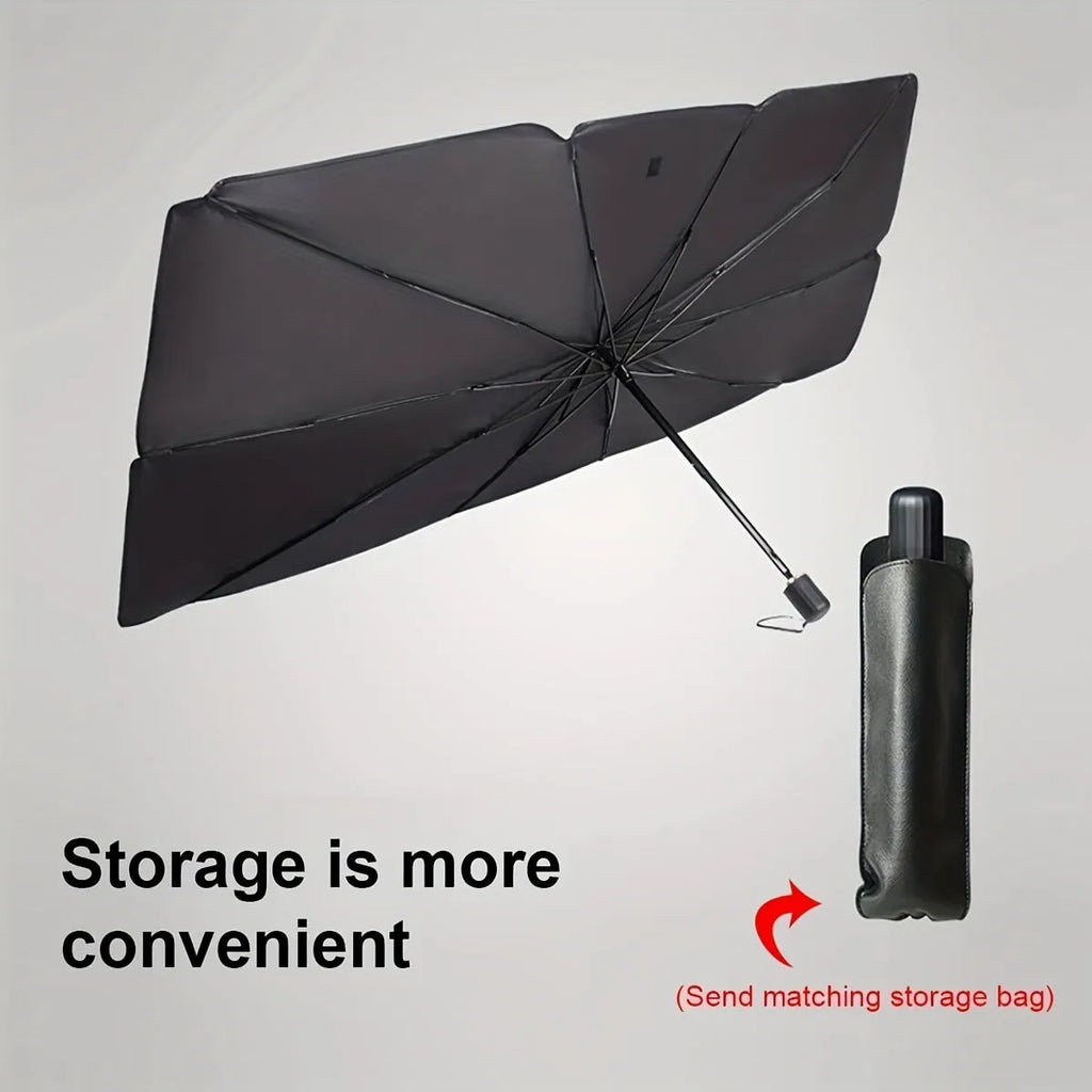 Foldable car windshield sunshade umbrella showing automatic rebound button and composite peptide material