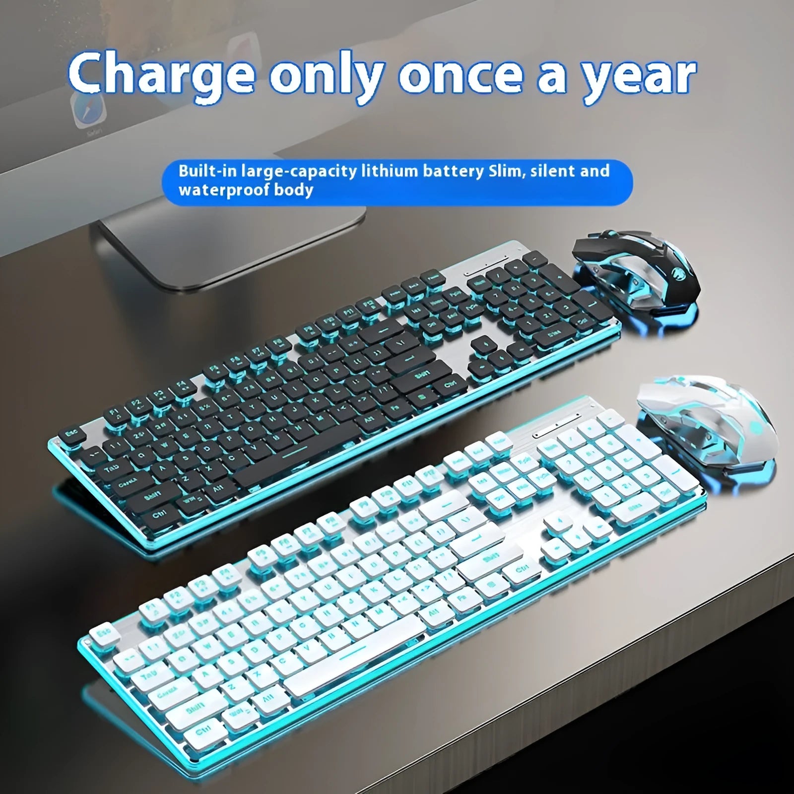 Wireless Bluetooth keyboard with mute button in cherry blossom pink colour on desk