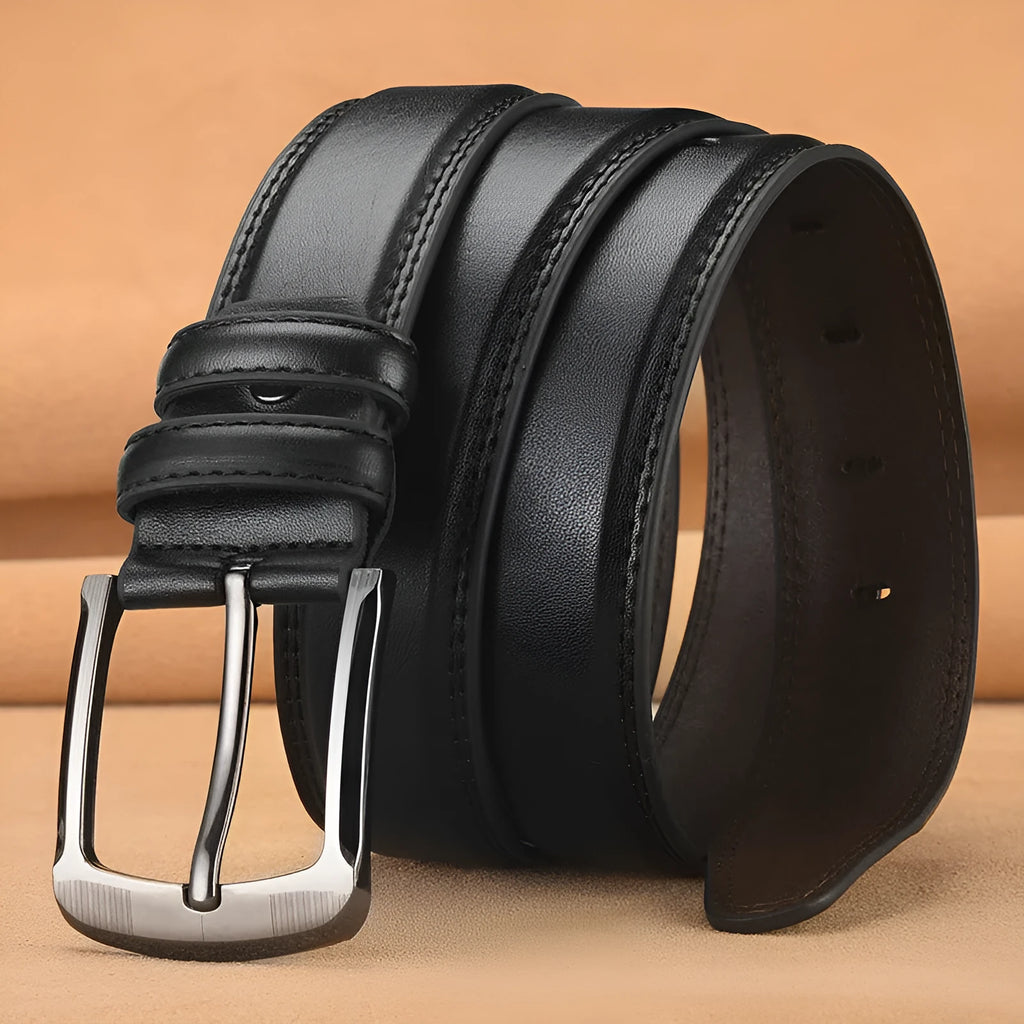 Men's genuine two-layer cowhide pin buckle belt with alloy buckle, in black, brown or orange, 110-125cm.