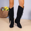 Women's brown fringe chunky heel long western boots with tassel detail and pointed toe