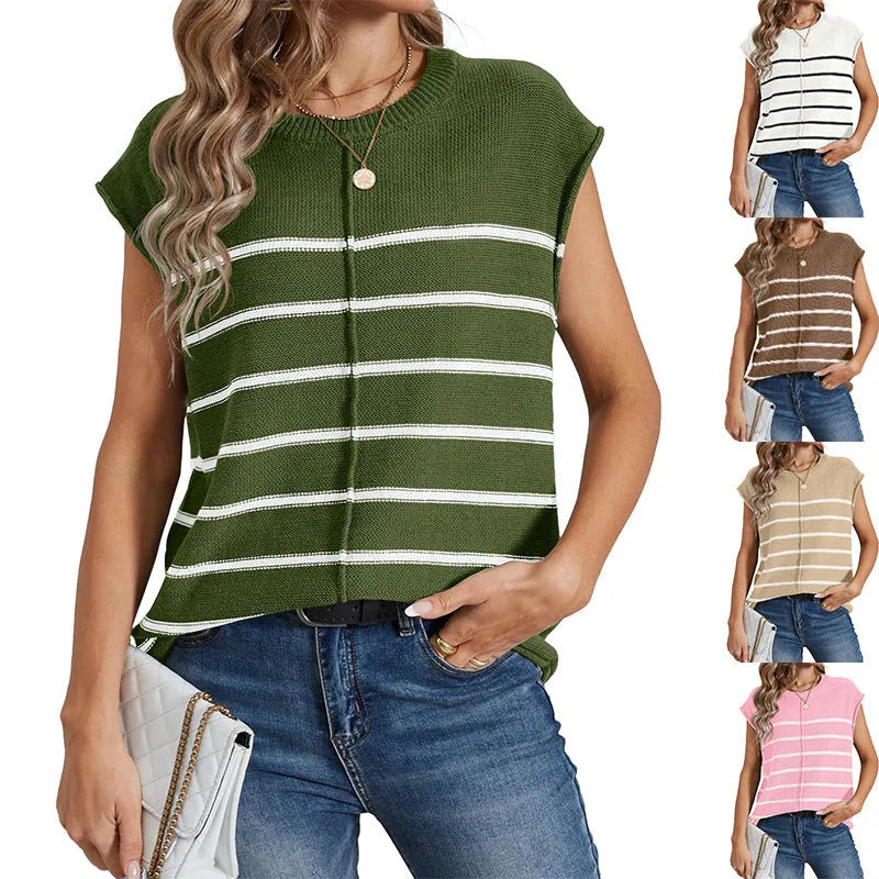 Women's striped sleeveless pullover top in acrylic fabric with bone stitching detail.