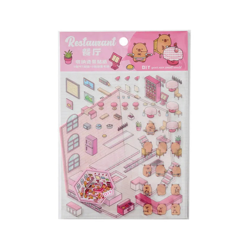 Pack of Capabala cartoon-style landscaping stickers showing eight different coloured shopfront designs.