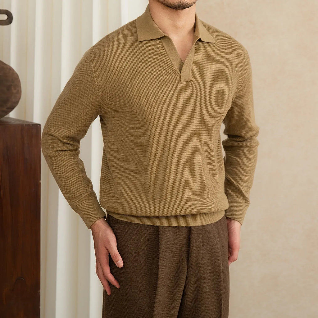Wool blended slim-fit long-sleeved pullover sweater in brown on model, crew neck, ribbed cuffs