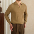 Wool blended slim-fit long-sleeved pullover sweater in brown on model, crew neck, ribbed cuffs