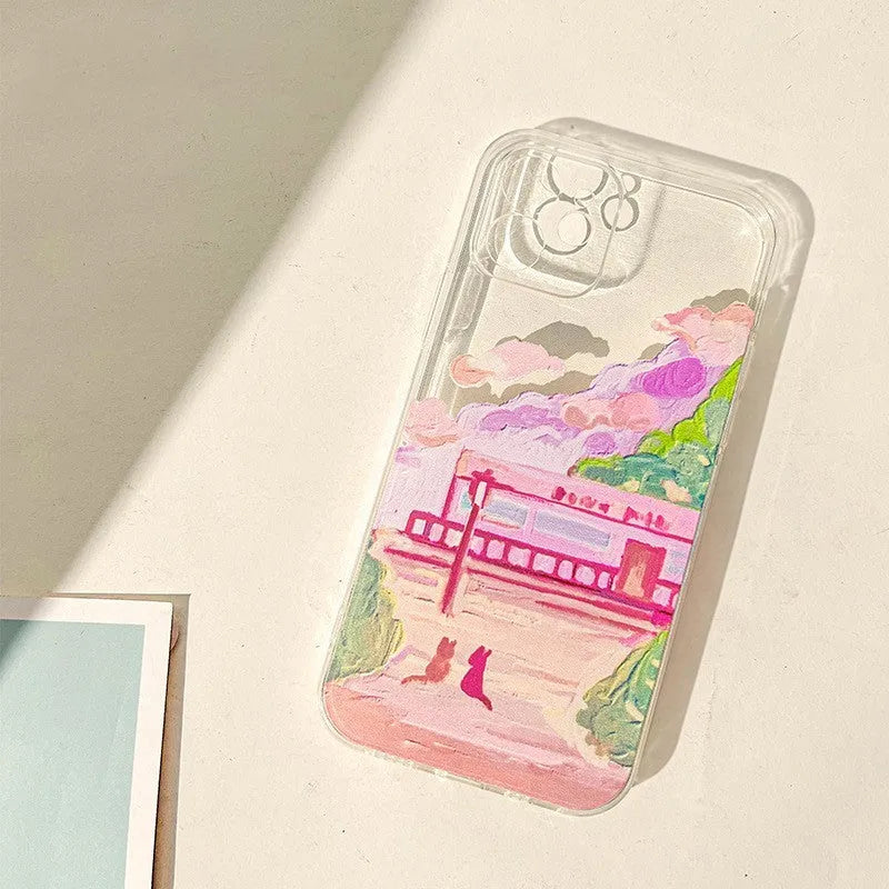 Soft silicone iPhone case with a colour-painted two cat cartoon design on the back.