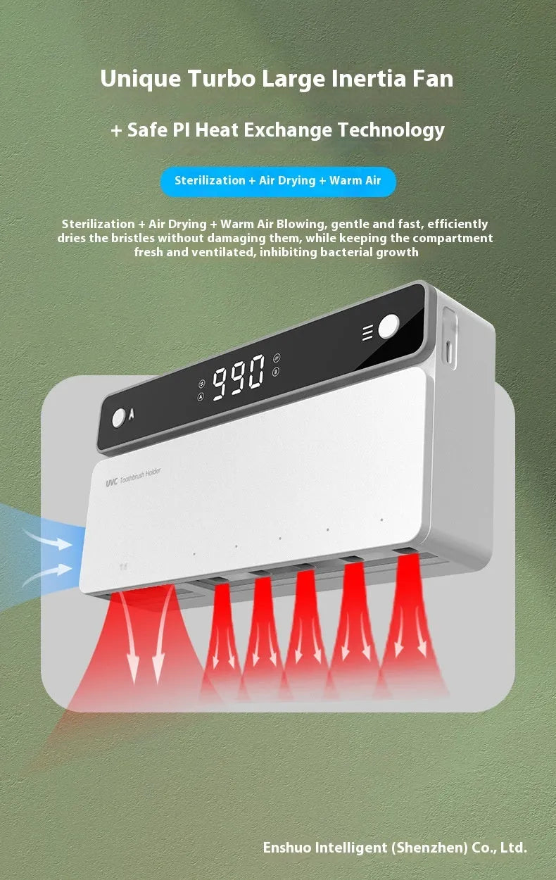 Black toothbrush sterilizer mounted on bathroom wall with UV disinfection and automatic drying