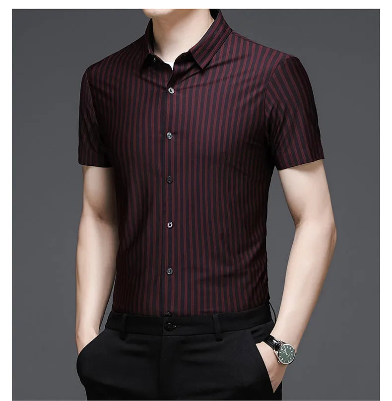 Woodpecker men's short sleeve vinylon shirt in blue, front view