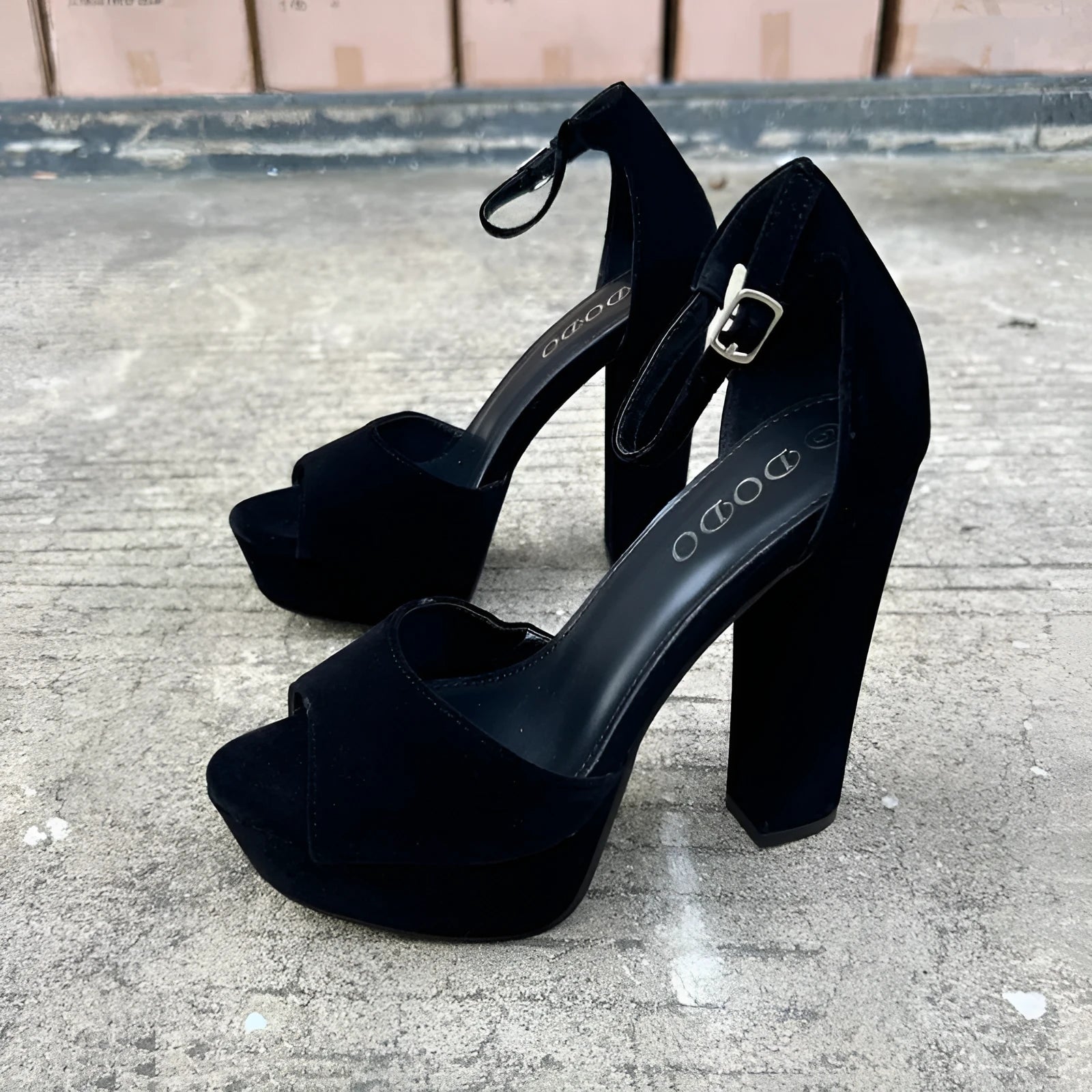 Black women's 13cm chunky heel platform sandals with suede upper and ankle-strap buckle