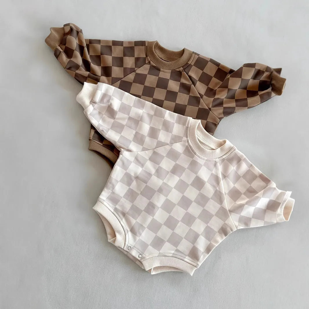 Baby one-piece cotton chessboard plaid pullover jumpsuit in brown plaid, long sleeve, unisex