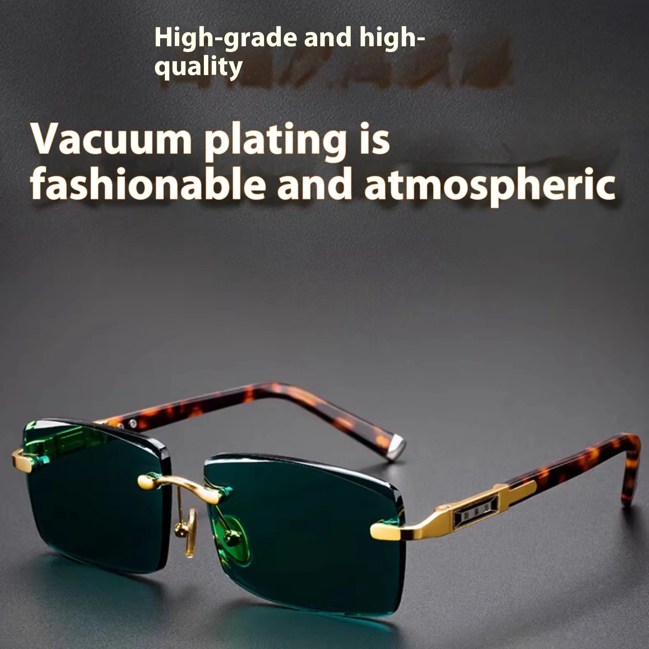 Frameless dark green crystal sunglasses with minimalist design on a case with cleaning cloth.