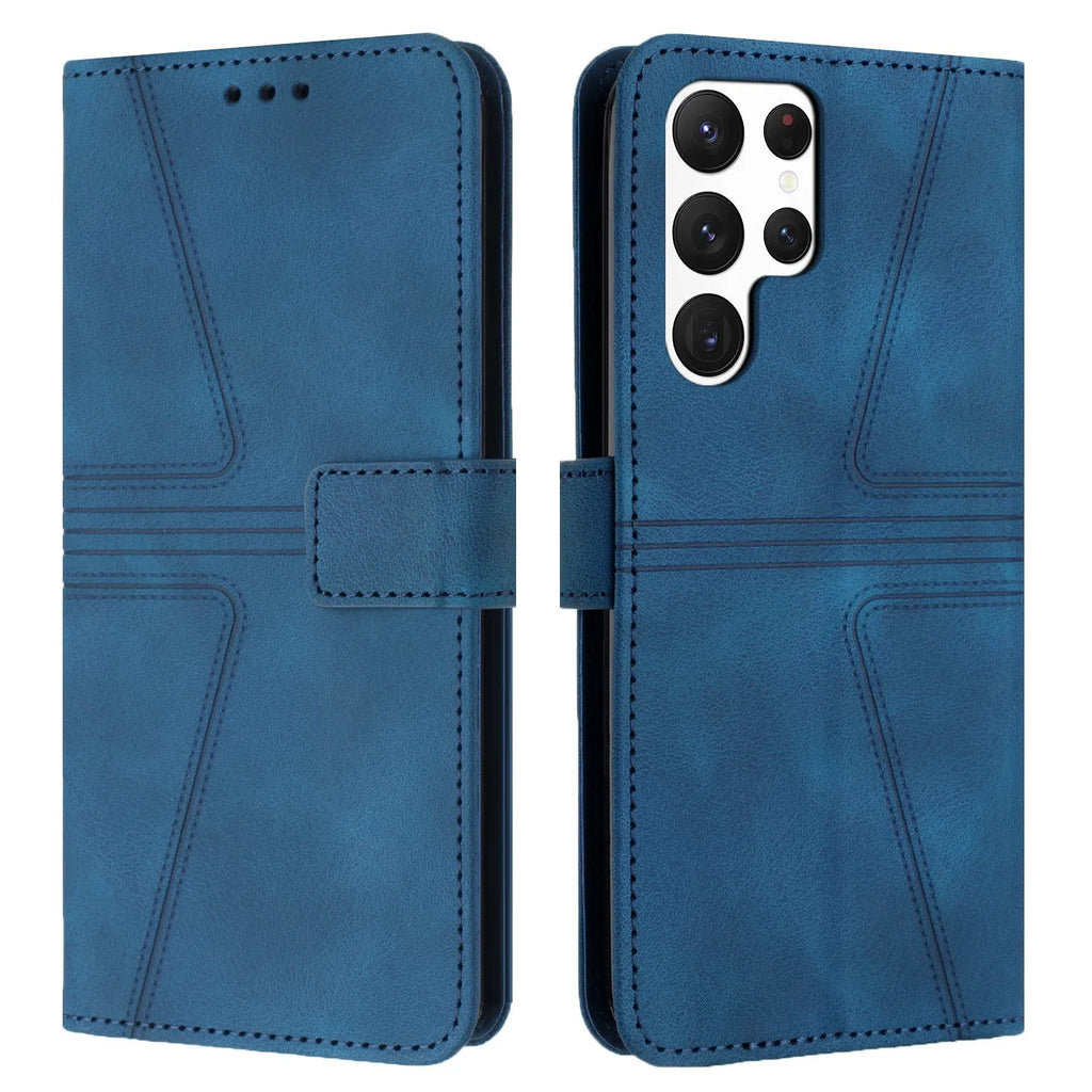 Blue geometric embossed flip card leather case for Samsung with short hand strap