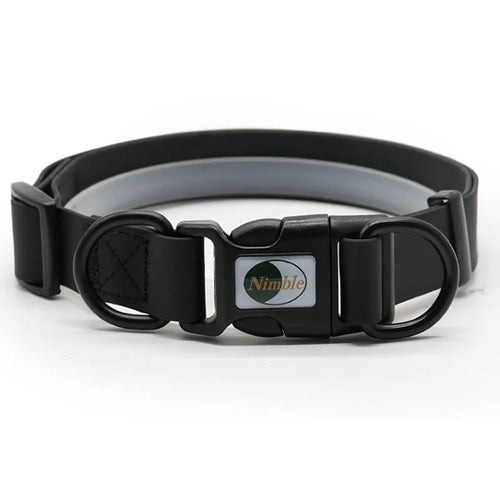 PVC waterproof dirt-resistant adjustable dog collar in blue with buckle, on white background