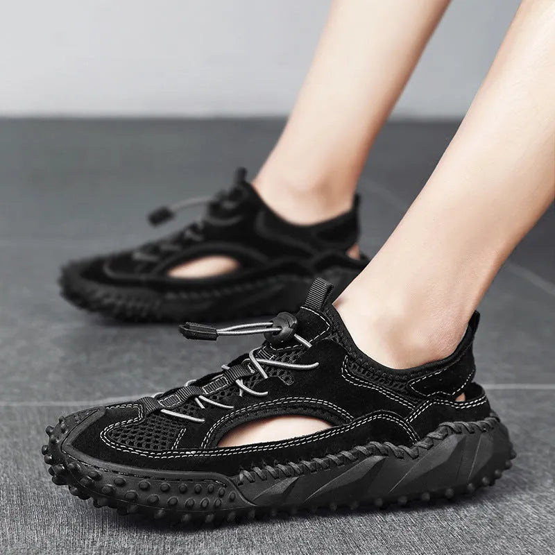 Men's black leather mesh waterproof sports sandals with a rubber sole and elastic band.