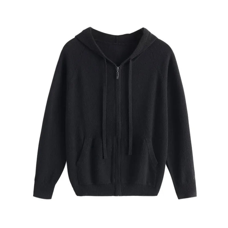 Men's solid colour cashmere hooded cardigan with a full zipper front and long sleeves.