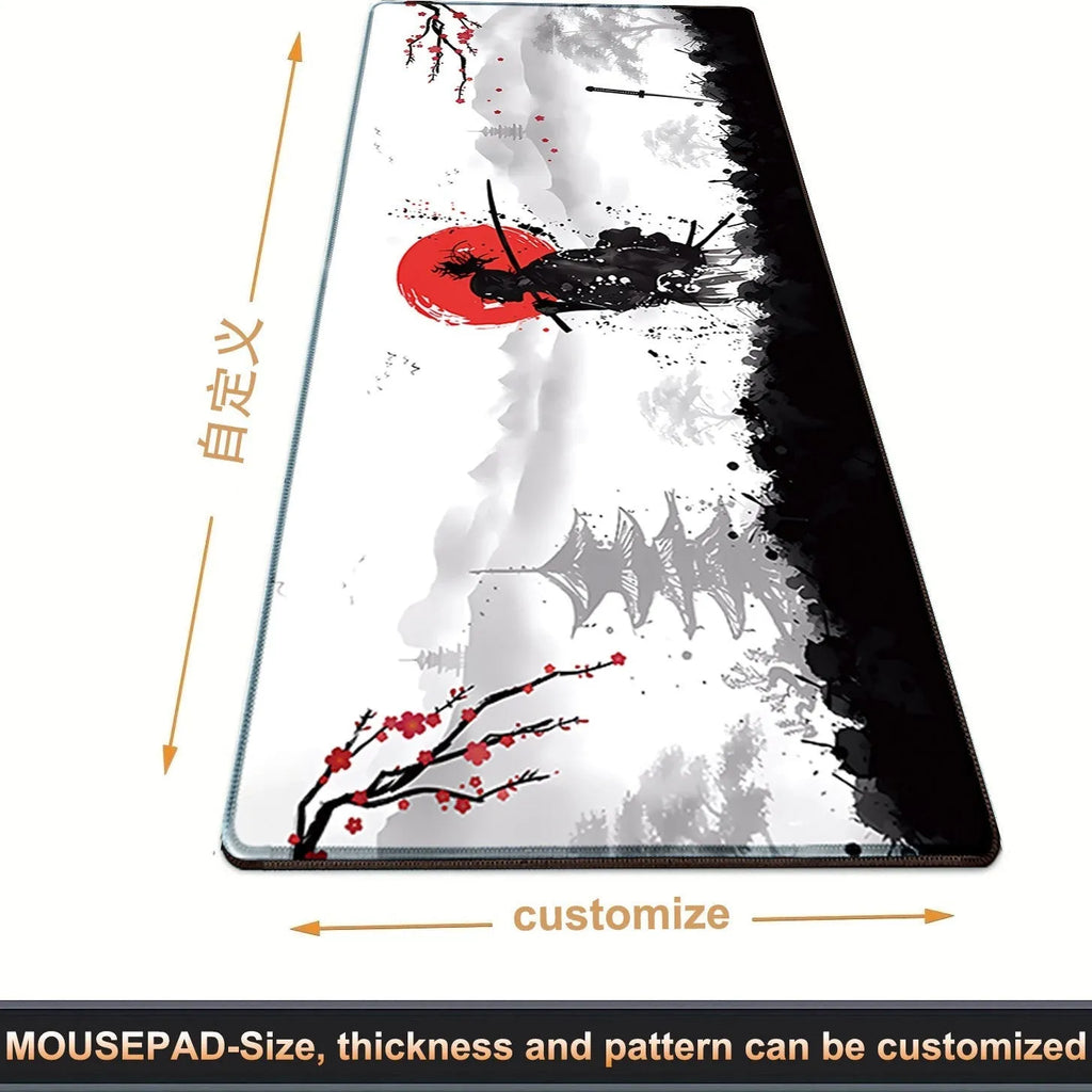 Japanese samurai artwork gaming mouse pad on a desk with a computer mouse