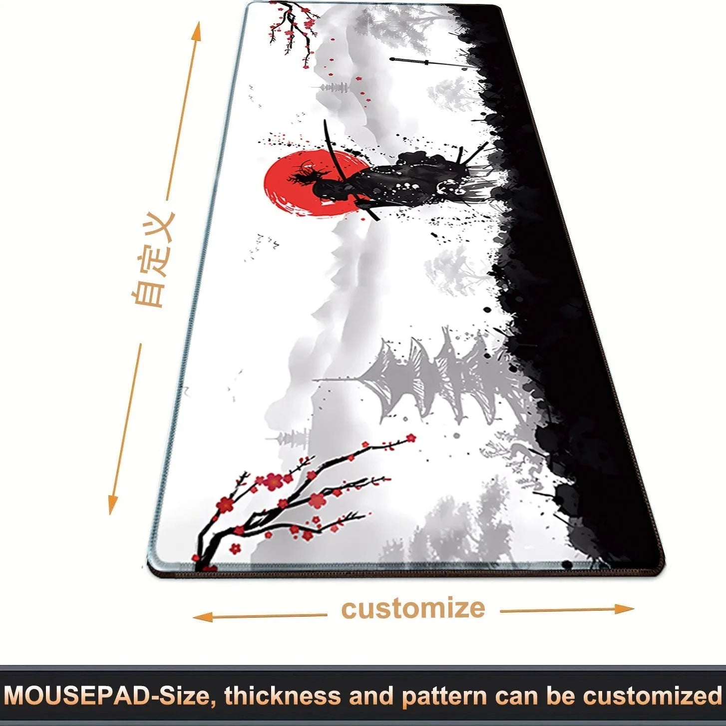Japanese samurai artwork gaming mouse pad on a desk with a computer mouse