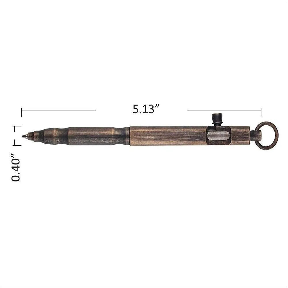 Brass hexagonal bolt-action tactical pen in brass and retro black colours, showing machined details.