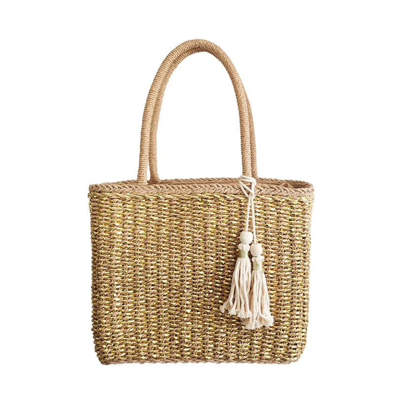 Handmade woven paper straw bag with double shoulder straps in gold and natural tones