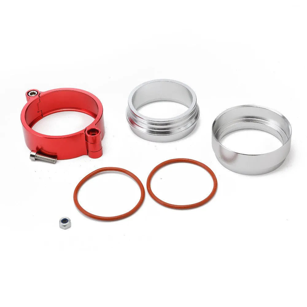 Aluminium fixed movement exhaust clamp for turbo downspouts in black, blue, and red colour options.