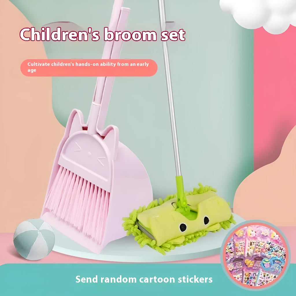 Purple, green, and beige plastic broom and dustpan set with a rotating brush head.