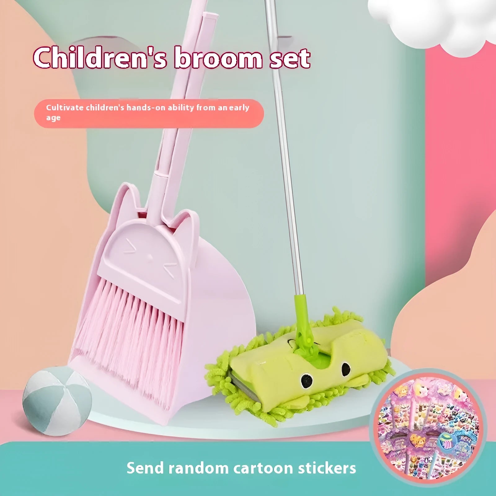 Purple, green, and beige plastic broom and dustpan set with a rotating brush head.
