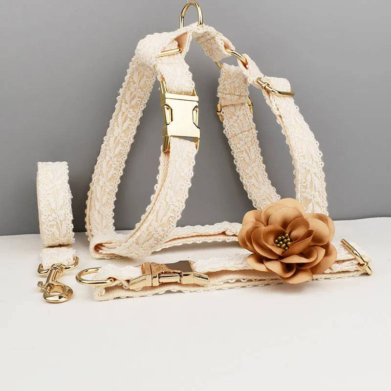 Polyester dog wedding vest collar set with matching leash and flower band in lace trim