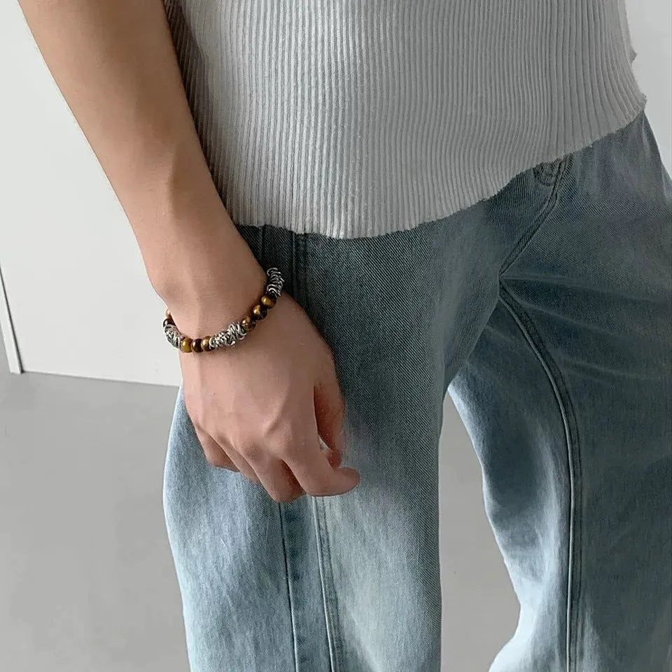 Men's beaded titanium steel bracelet with tigereye chain, geometric shape, unisex design for fashion wear