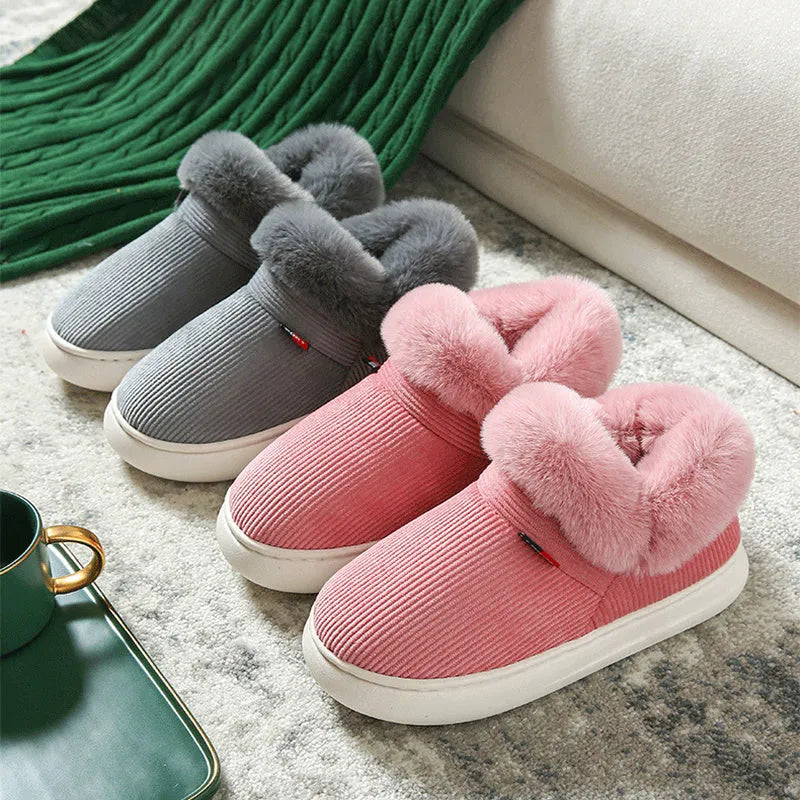 Plush corduroy house slippers for men and women with warm fleece lining and PVC sole, in Coffee, Grey, Pink, or Purple