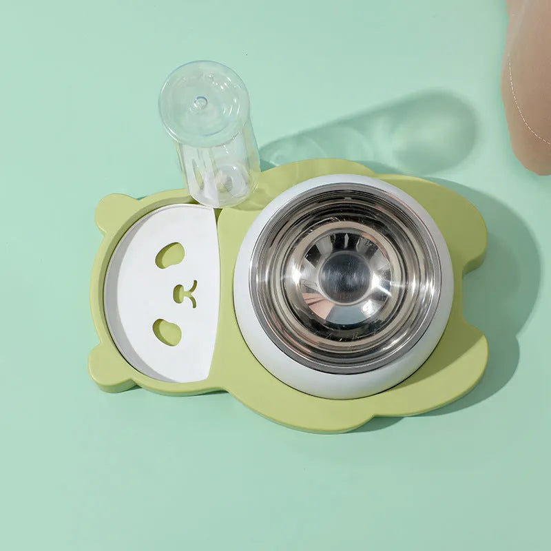 Grey panda-shaped tilted pet feeder with stainless steel bowls and a large automatic water bottle on a wide base.
