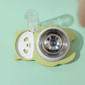 Grey panda-shaped tilted pet feeder with stainless steel bowls and a large automatic water bottle on a wide base.