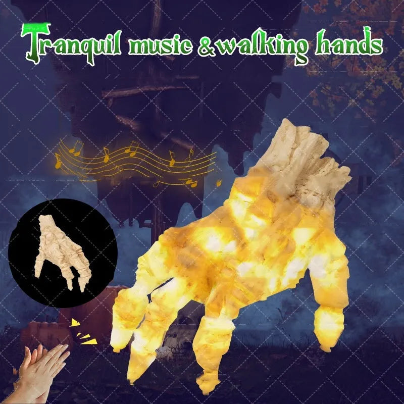 Halloween electric luminous crawling hand on floor, glowing warm colour, vinyl zombie hand with spooky sound
