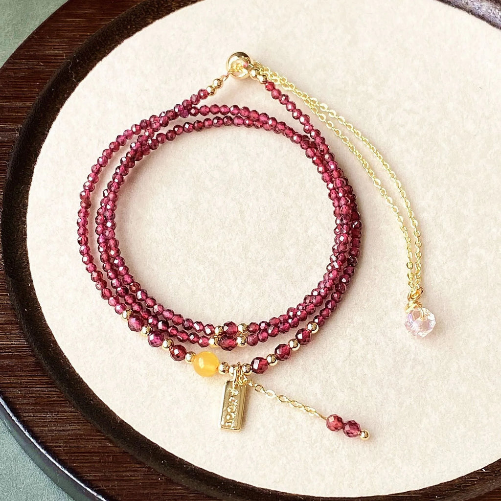 Garnet three circle bracelet with beeswax cut surface and electroplated finish