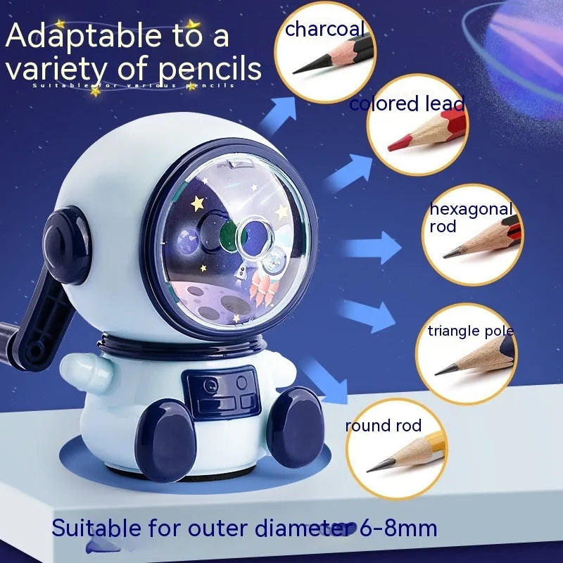 Astronaut-themed manual pencil sharpener with anti-jam mechanism for 2mm leads in blue or pink colour