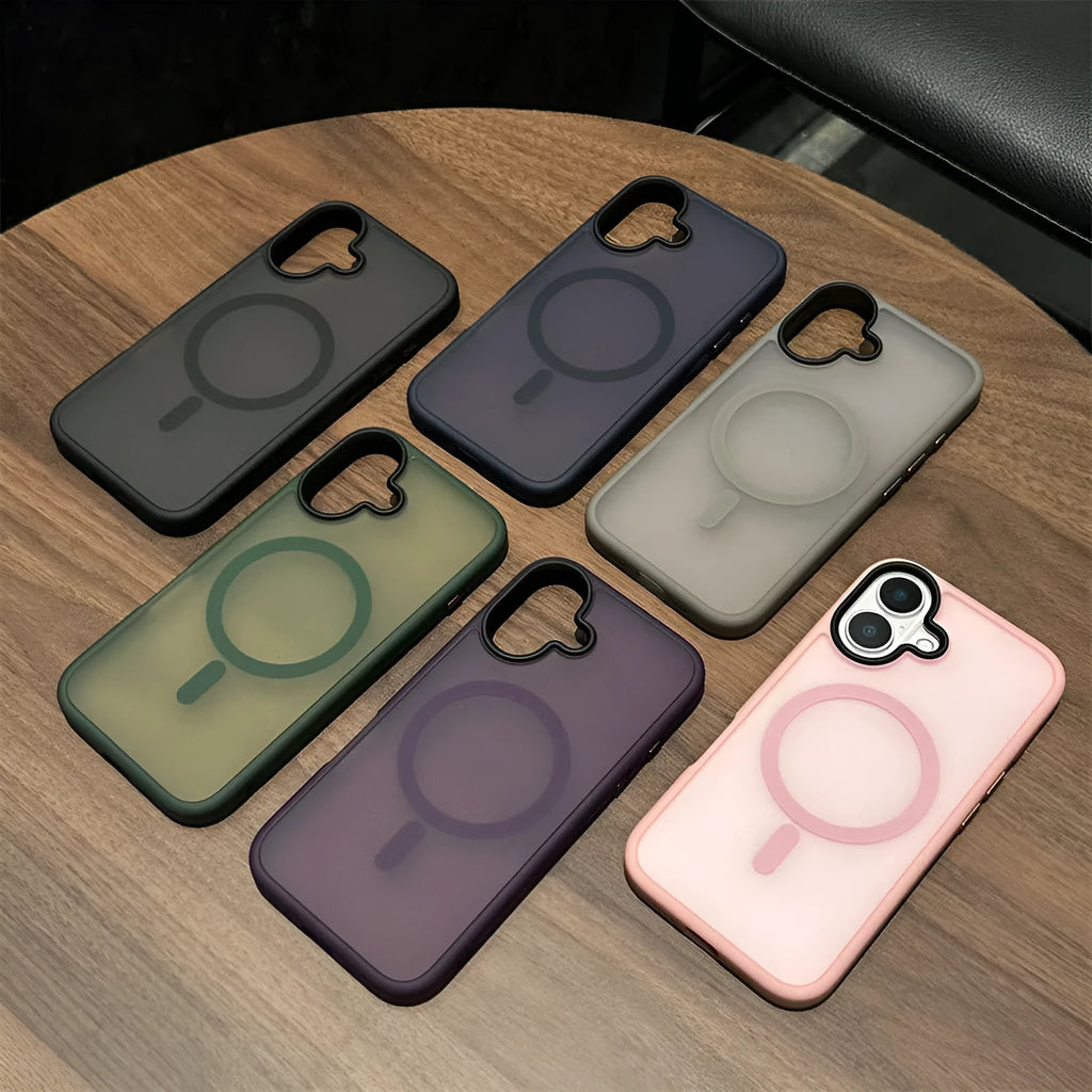 Matte magnetic PC phone case for iPhone 16 in black colour with magnetic ring visible on back
