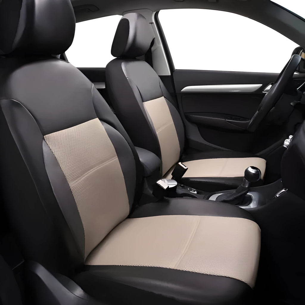 Set of artificial leather car seat covers showing headrest, front seat, and back seat pieces in a choice of colours.