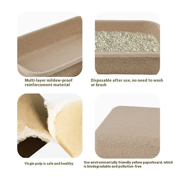 Brown disposable biodegradable cat litter box shown in one of three available sizes.