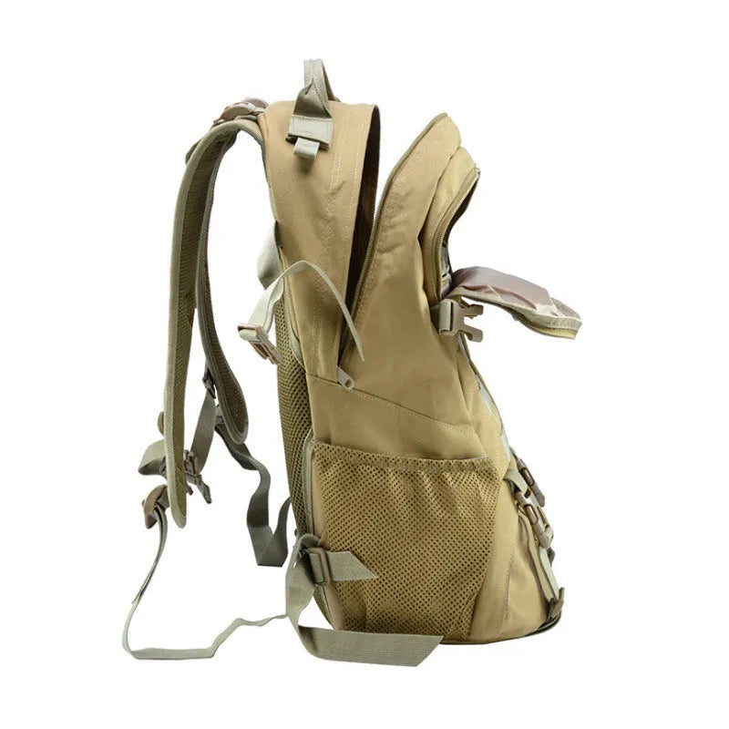 Green camouflage Oxford cloth mountaineering backpack with black straps and air pillow belt, shown from the side.