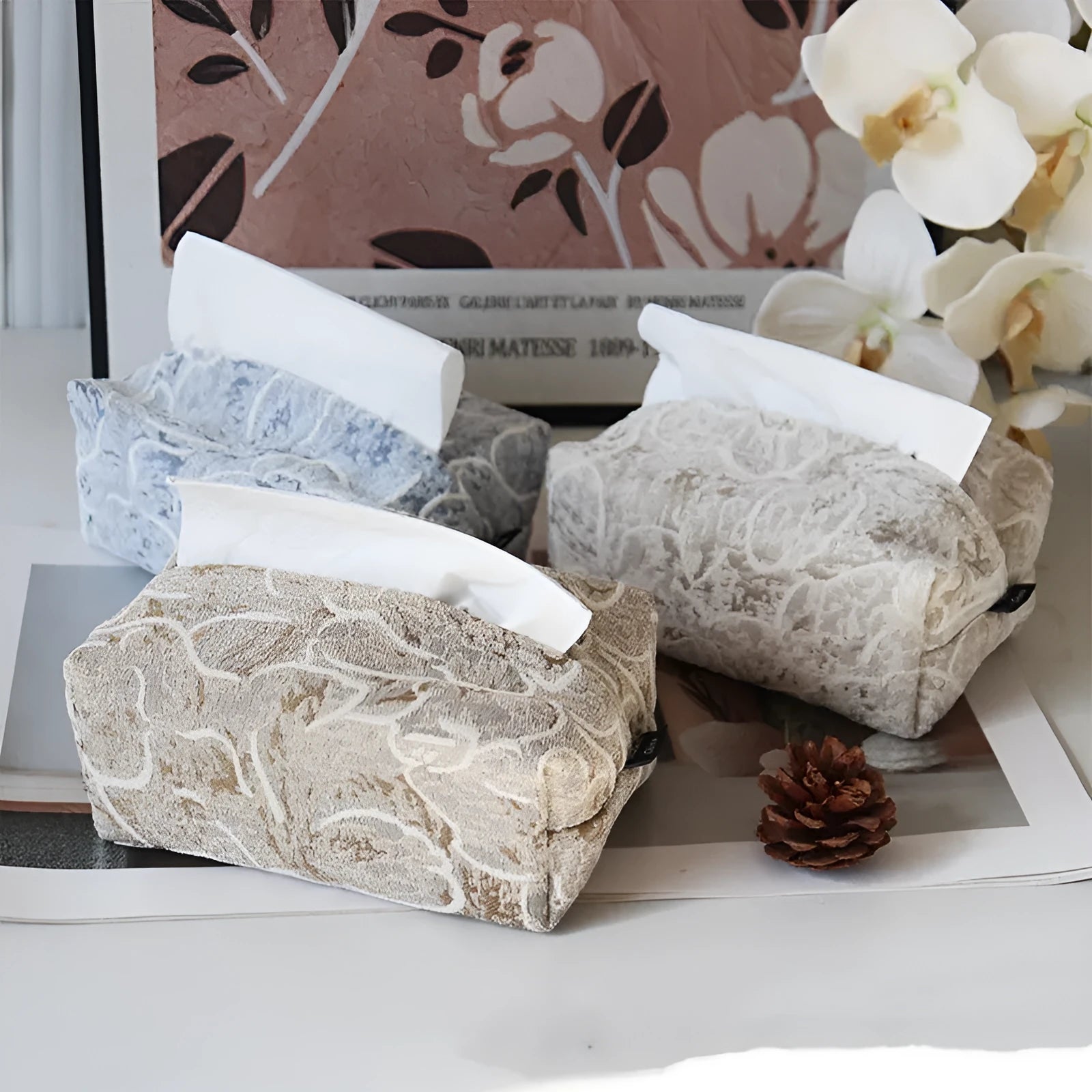 Chinese style floral pattern cotton tissue box cover in beige, blue, and brown colours.
