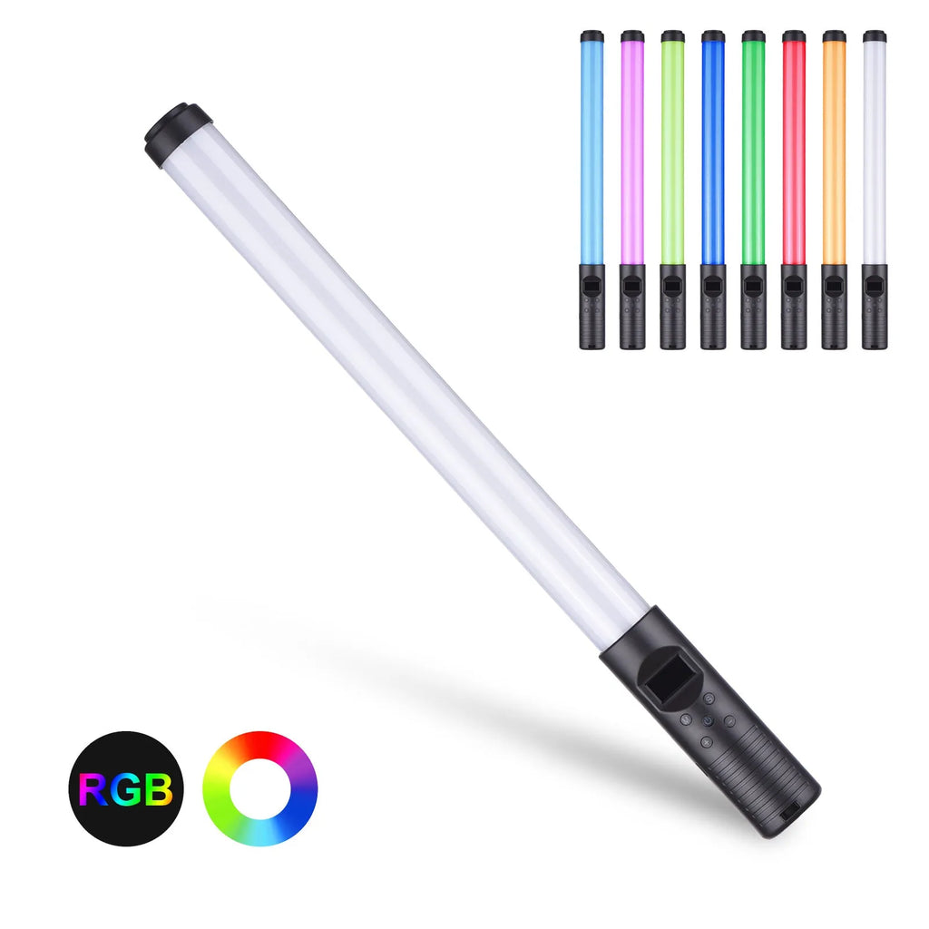 Handheld LED photography fill light with adjustable colour temperature and RGB lighting modes