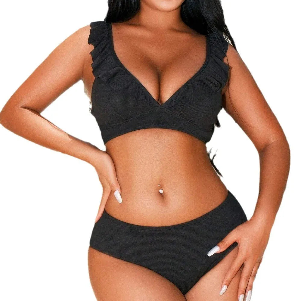 Striped split chest bikini swimwear set in polyester fabric with multiple colour options