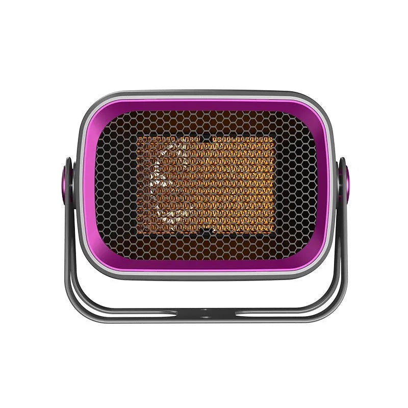 Compact white desktop ceramic heater with rotatable base on a wooden table.