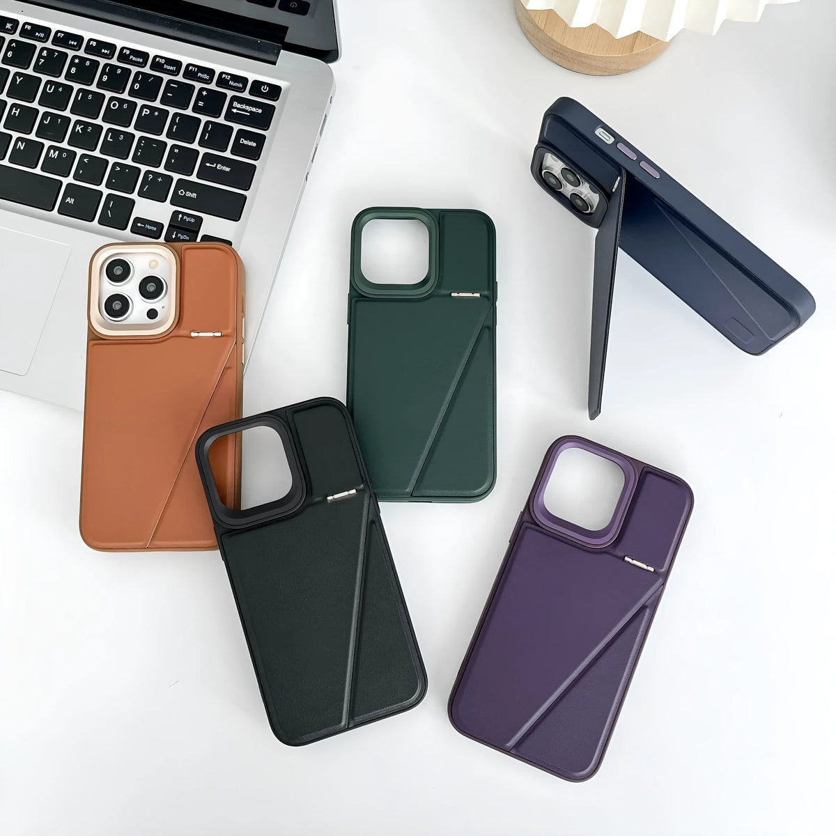 Leather hidden bracket phone case in black for Apple iPhone, featuring magnetic suction and shockproof design.
